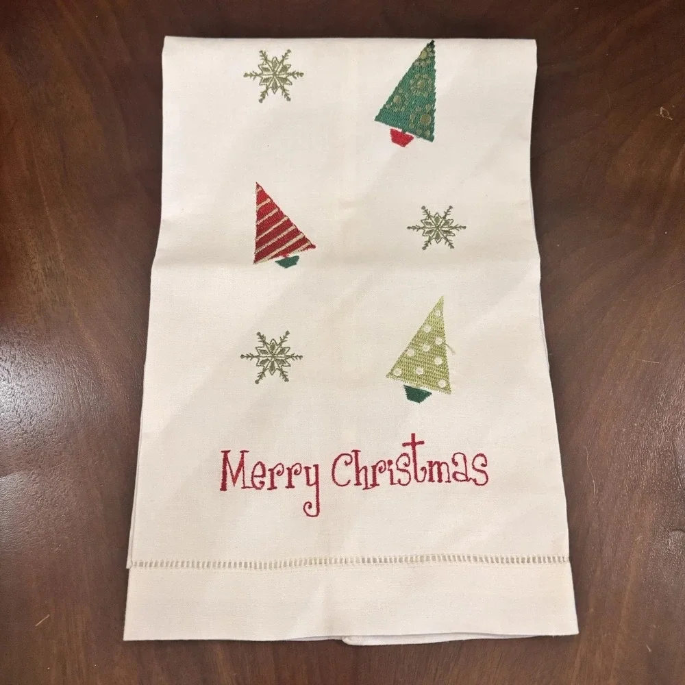 Set of 2 Christmas Embroidered Kitchen Tea Towels Merry Christmas Tree Holiday